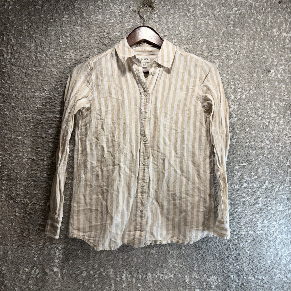 J. Crew Striped Linen Blend Button Up Shirt XXS Tan White Preppy Coastal READ